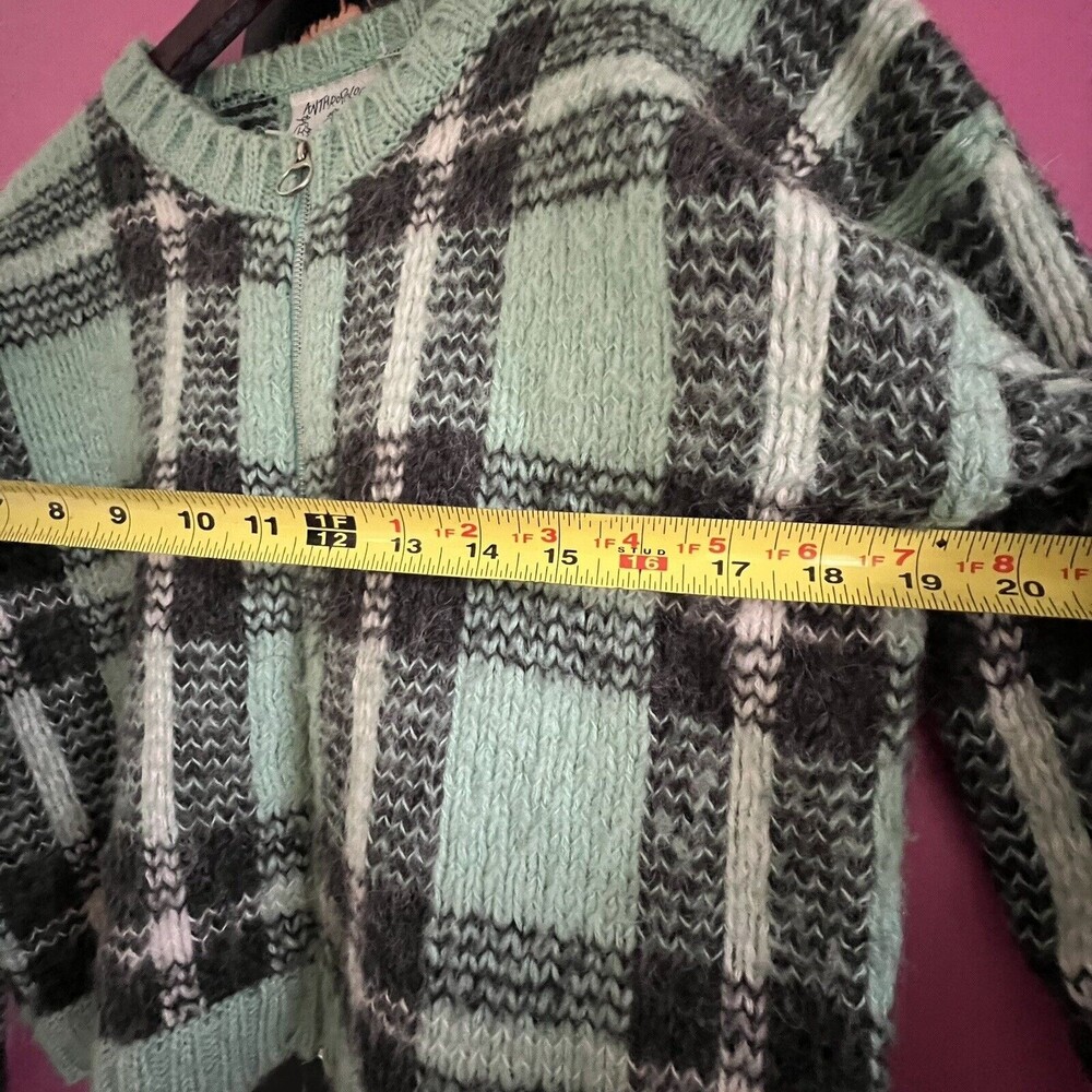 Vintage Anthropologie Womens Acrylic Wool Mohair Plaid Zip Cardigan Mint - Picture 7 of 7